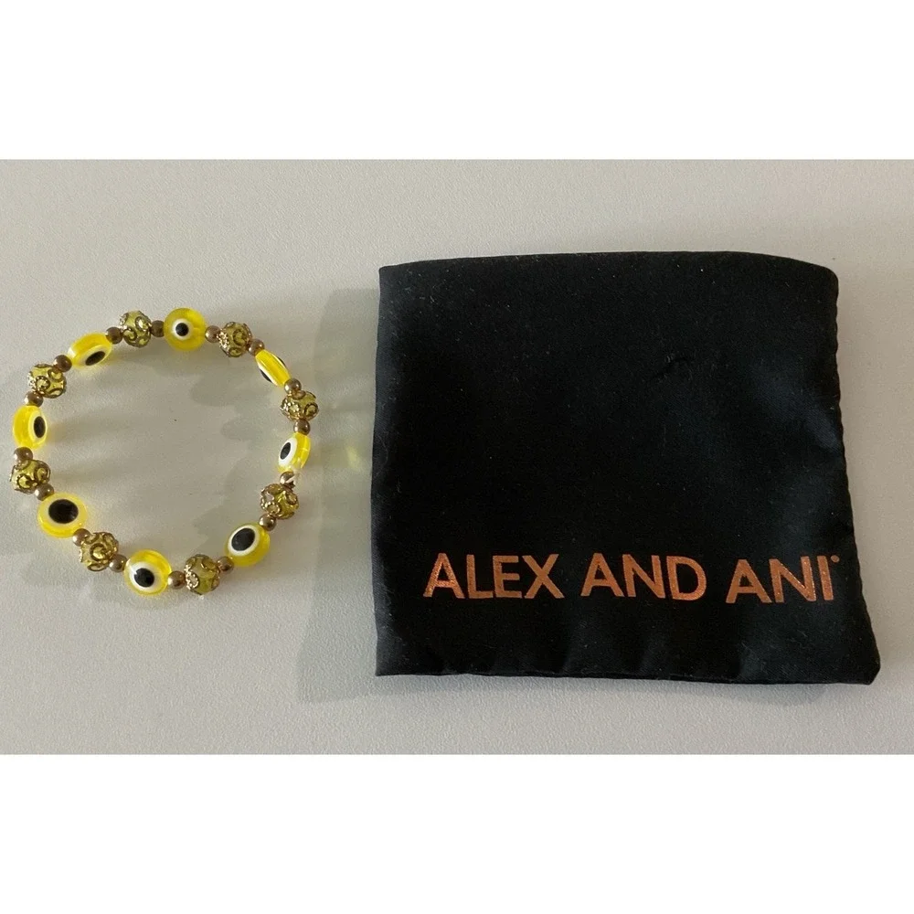 Alex and Ani Yellow Evil Eye Beaded Stretch Bracelet Gold Tone Filigree NWOT